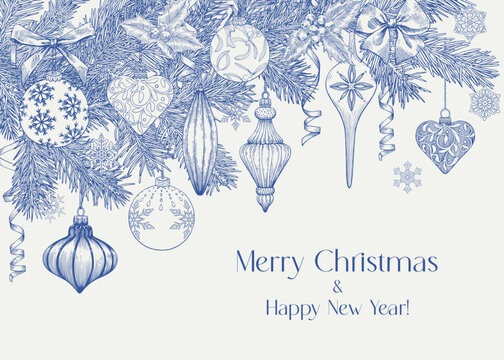 Vintage illustration Marry Christmas and happy new year with balls, toys, fir twigs, ribbons. Blue beige. Hand drawn Toile Vector background for design holiday decor, greeting card, decoration, poster