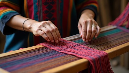 Artisan Hand Weaving Vibrant Multicolored Fabric – Traditional Textile Craftwork Close-Up