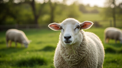 Fototapeta premium Sheep grazing on lush green pasture. Close-up of a white sheep eating grass in a field.