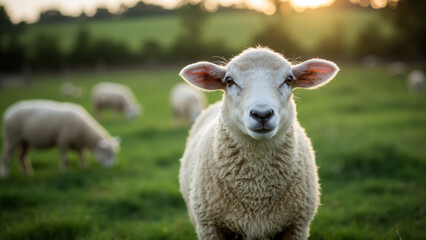 Obraz premium Fluffy white sheep standing in a grassy pasture. Portrait of a sheep on a sunny day. Rural countryside scene.