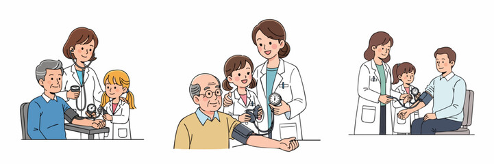 Handdrawn Medical Checkup of Old Man and Child by Doctor Illustration
