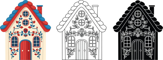 Gingerbread house vector illustration with coloring page art editable