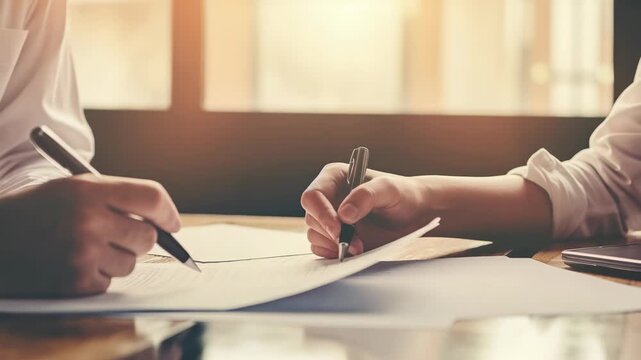 This close-up shot captures two individuals signing documents in sunlit office. The focus is on their hands with pens in motion, suggesting moment agreement, partnership, or contract finalization