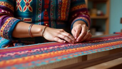 Artisan Hand Weaving Vibrant Multicolored Fabric – Traditional Textile Craftwork Close-Up