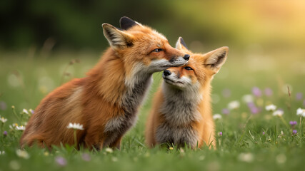 Fototapeta premium Two red foxes nuzzling in a grassy meadow. Close up of two foxes showing affection in a field of wildflowers.