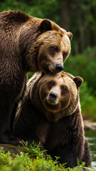 Fototapeta premium Two brown bears resting together in a forest setting. Vertical close up of two grizzly bears showing affection.