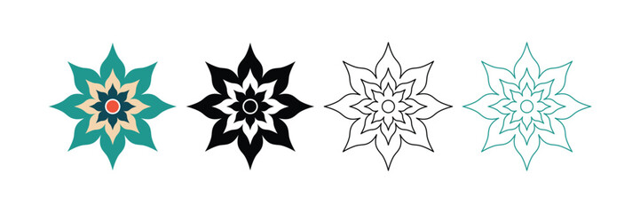 Elegant floral mandala petal design set in color, black, outline, and teal line styles, ideal for decoration, logos, and art projects.