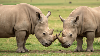 Obraz premium Two white rhinoceroses facing each other in a grassy field.