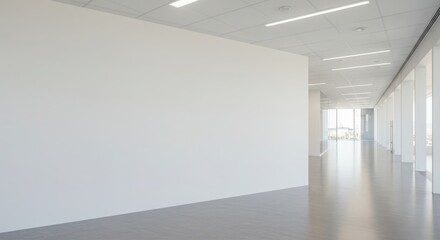 Modern office interior hallway with white walls, grey floor, and bright natural light from windows