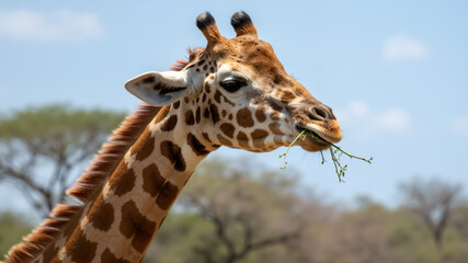 Obraz premium Giraffe eating leaves from a branch. Close-up of a giraffe's head and neck in the African savanna. World Giraffe Day.
