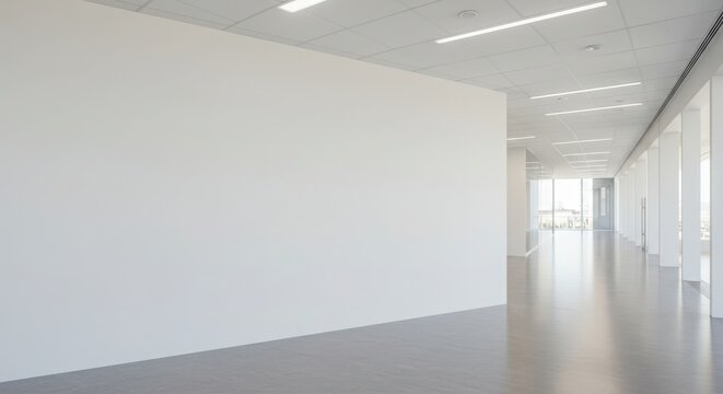Modern office interior hallway with white walls, grey floor, and bright natural light from windows