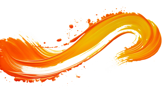Vibrant orange paint stroke with splashes isolated on a transparent background brush stroke