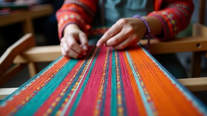 Artisan Hand Weaving Vibrant Multicolored Fabric – Traditional Textile Craftwork Close-Up