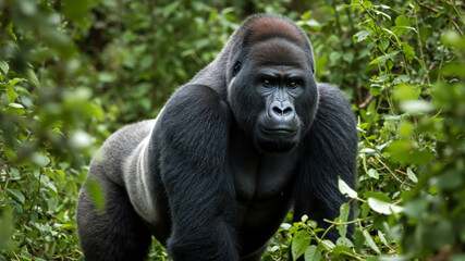 Obraz premium Silverback gorilla in the dense jungle. A powerful male ape looking at the camera from behind green leaves.