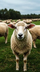 Obraz premium Sheep looking directly at camera in a grassy field. Close up portrait of a fluffy sheep among a flock.