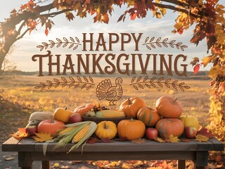 "HAPPY THANKSGIVING" shines above a bountiful harvest display of squash, apples, and pumpkins bathed in warm, golden sunlight.