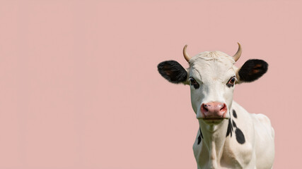 Close-up of a Holstein cow looking directly at the camera. A single white and black Holstein cow over light pink background facing forward.