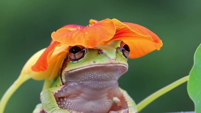 Tiny frog wearing a flower hat
