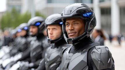 Black-armored soldiers with blue lights form a line amidst a bustling crowd, showcasing advanced technology in a vibrant cityscape