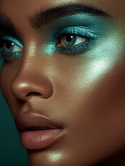Close-up of a Striking Beauty Look Featuring Teal Makeup in Bright Lighting