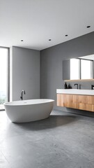 Modern gray bathroom with tub and vanity