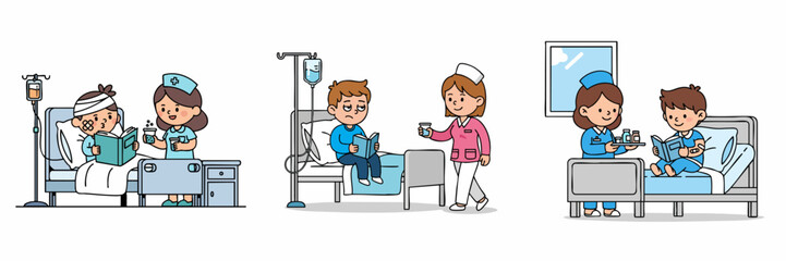 Cartoon Illustration of Patient and Nurse in Hospital Room Scenarios