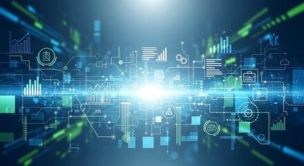 Abstract technology background with glowing lines and assorted business data visualizations icons
