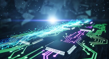 Illuminated circuit board with glowing lines and bright light in a futuristic design style