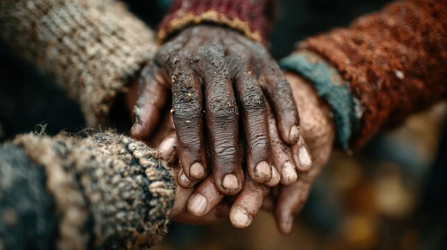 Diverse human hands joining together in unity, cooperation and collective humanitarian effort