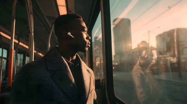 A young African American man in his 30s is listening to music with earphones in a bus. Short hair, wearing a tailored coat, and wireless earbuds. Looking out the window of a driverless electric bus.