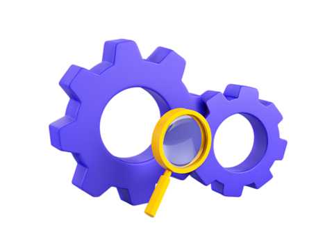 Vivid purple 3D gears intertwined with a bright yellow magnifying glass for search or analysis concepts.