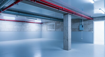Versatile Empty Commercial Space Interior with Concrete Pillar, Red Pipes, and Open Doorway, Ready for Customization