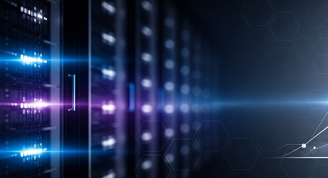 Illuminated data center servers with blue and purple light streaks in a dark environment view
