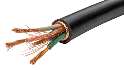 Closeup of a multicore electrical cable isolated on transparent background