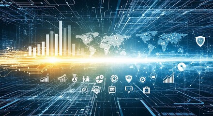 Digital network with world map, data charts, and various technology related icons overlayed on circuit board