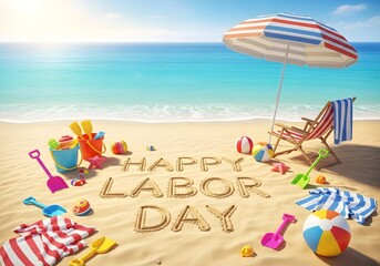 Happy labor day celebration on a sunny beach with toys and umbrella