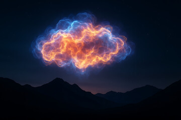 Futuristic glowing cloud above dark mountains, vibrant electric blue and orange energy storm symbolizing digital data, AI cloud computing, cyberspace, technology innovation, power storage and neural n