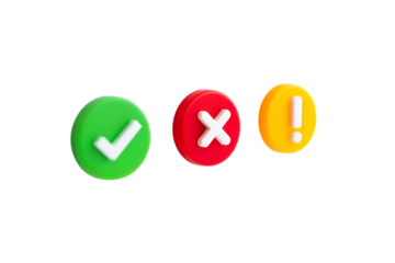 Three colorful 3D buttons: green checkmark, red cross, and yellow exclamation mark on black.
