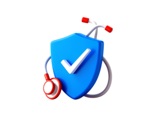 Blue shield with a white checkmark encircled by a red and white stethoscope symbolizing health protection.