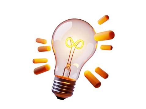 Bright Glowing 3D Light Bulb Icon with Infinity Symbol Filament and Radiating Energy Streaks