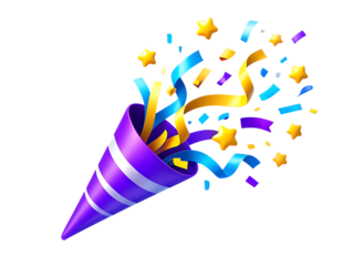 Festive 3D Party Popper Exploding with Colorful Confetti and Sparkling Golden Stars