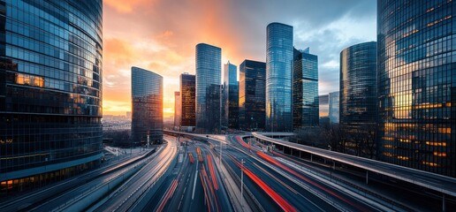 La D?fense Skyline at Sunset: A Panoramic View of Modern Architecture and City Traffic