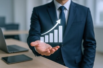 Businessman Presenting Growth Chart: Demonstrating Business Success, Financial Increase, and Positive Performance in Corporate Strategy