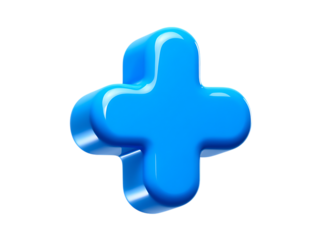 Sleek and glossy bright blue 3D plus sign icon representing addition, positivity, or medical care.