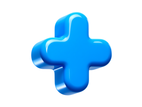 Sleek and glossy bright blue 3D plus sign icon representing addition, positivity, or medical care.