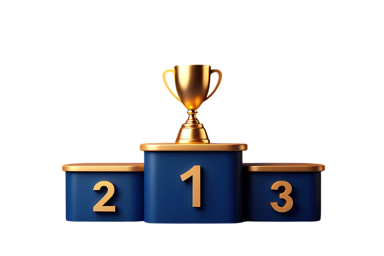 Shiny golden trophy resting on a vibrant blue and gold podium with numbers 1, 2, and 3 for winners.