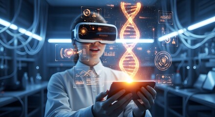 Female scientist wearing vr glasses and analyzing dna structure in laboratory