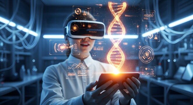 Female scientist wearing vr glasses and analyzing dna structure in laboratory - Powered by Adobe