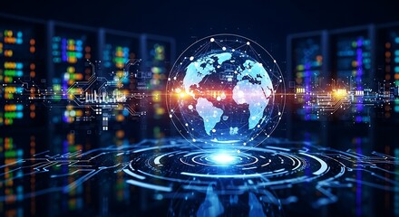Digital globe with network connections and circuit patterns in a server room environment