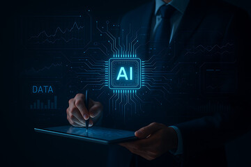 Artificial intelligence data analysis concept with businessman using tablet and digital AI interface in dark background